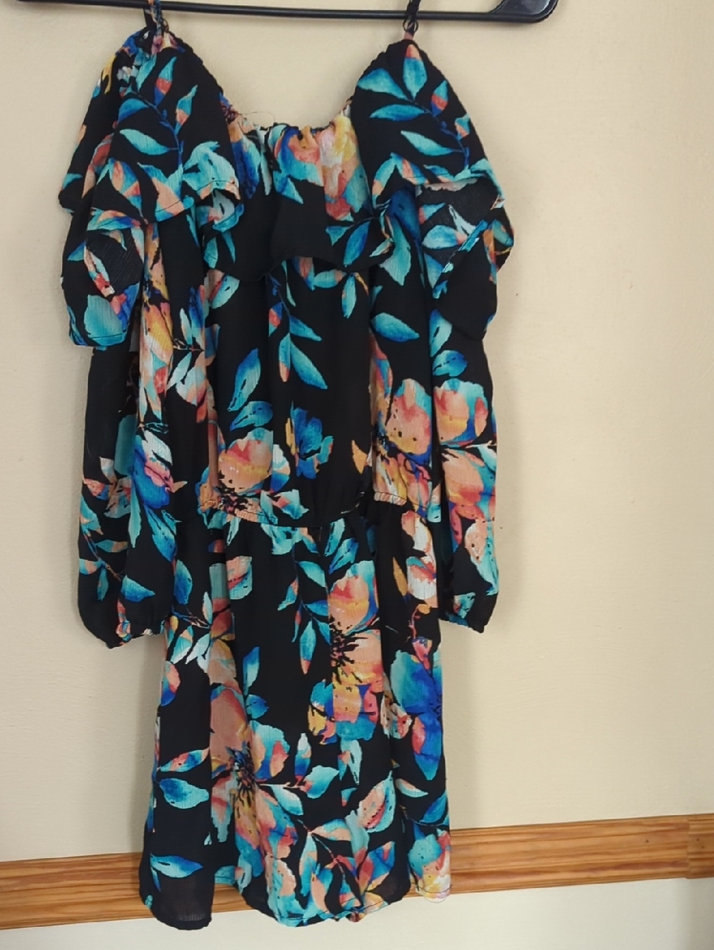 As U Wish Black Off-Shoulder Floral Romper with Turquoise and Peach Print